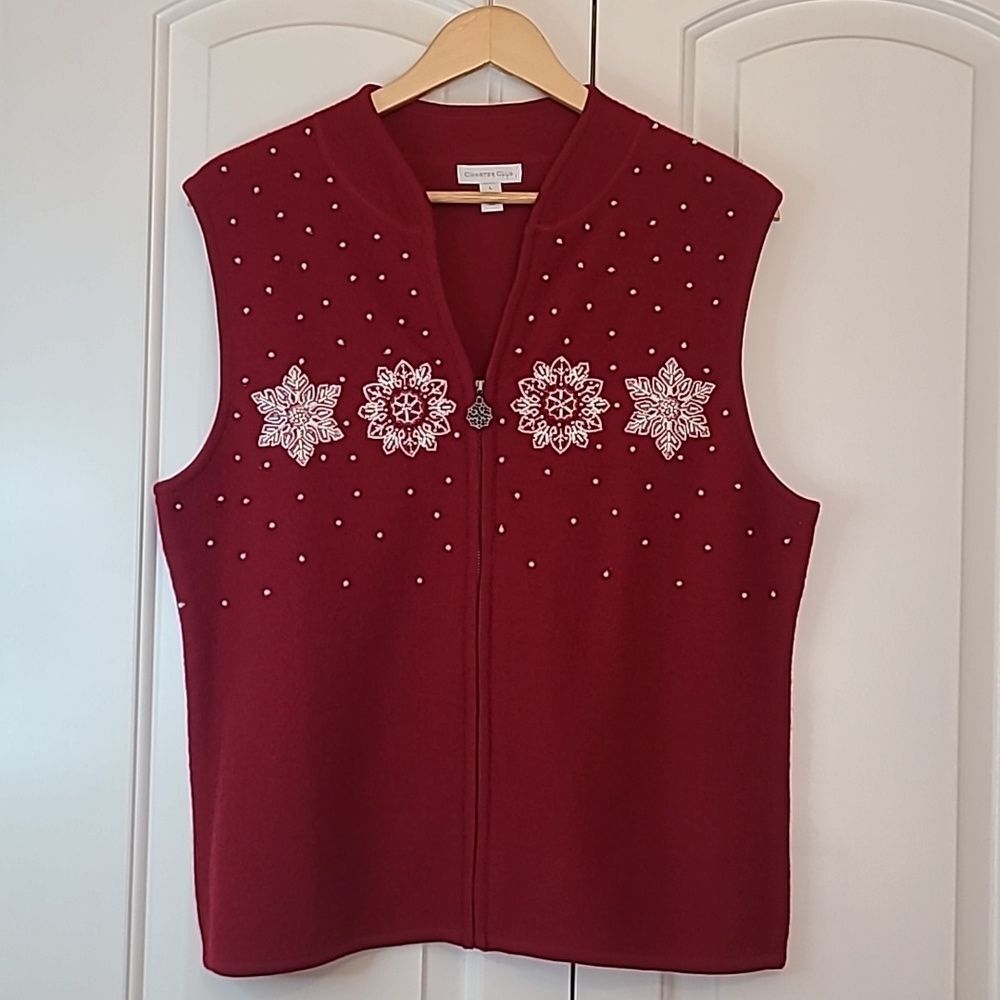 Charter Club Embellished White Snowflakes Wool Zip Up Vest Red & White  Size L
